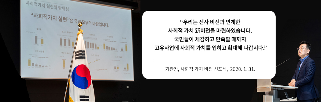우리는 전사 비전과 연계한 사회적 가치 신비전을 마련하였습니다. 국민들이 체감하고 만족할 때까지 고유사업에 사회적 가치를 입히고 확대해 나갑시다.